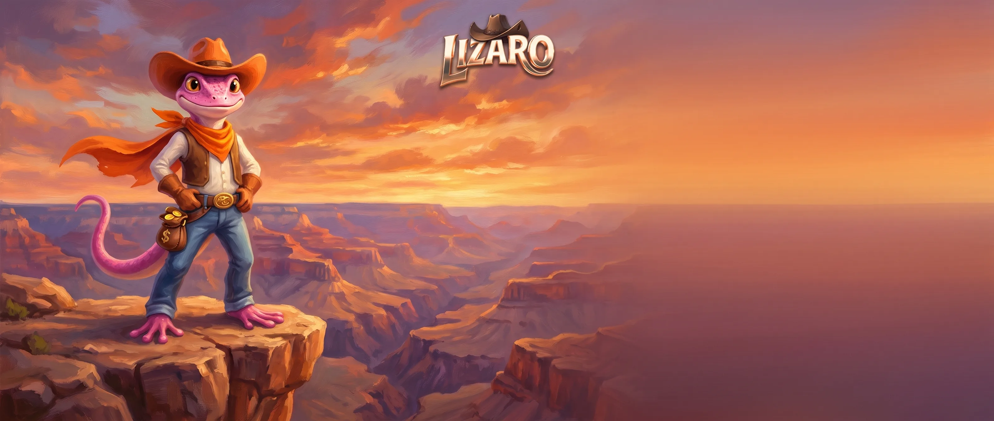 Lizaro-Maskottchen vor einer Canyon-Landschaft im Sonnenuntergang